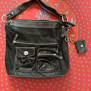 Vintage Roots Black Leather Shoulder Bag with Multiple Pockets